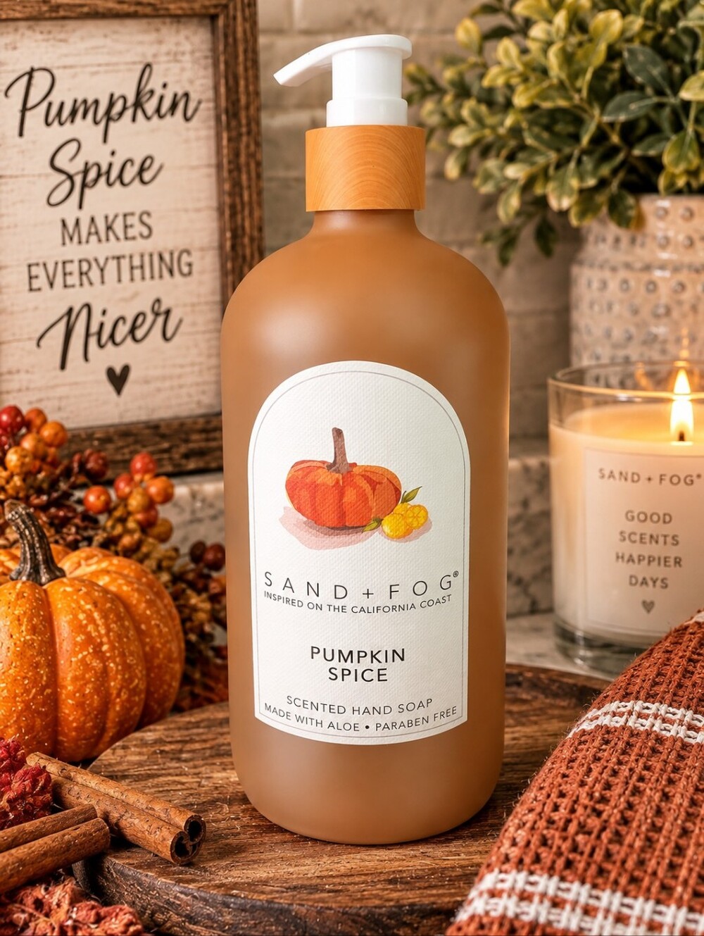 Sand + Fog Pumpkin Spice Scented Hand Soap Aloe Paraben Free Fall Decor